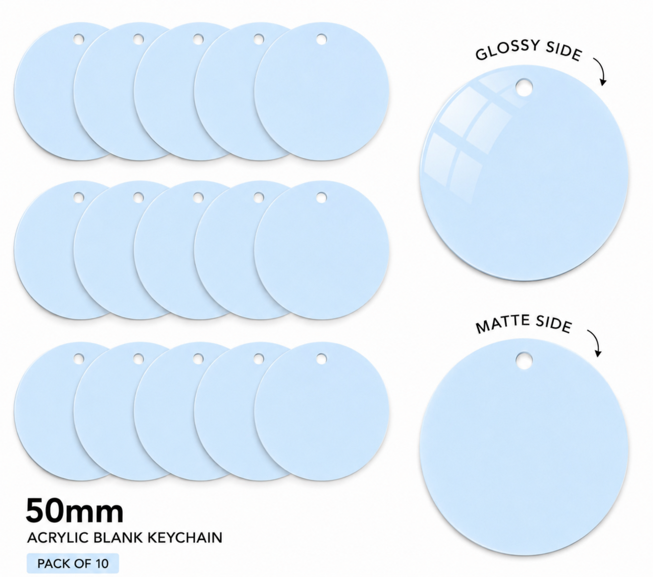 Acrylic Keychain Blanks - Round 50mm (pack of 10) - POWDER BLUE