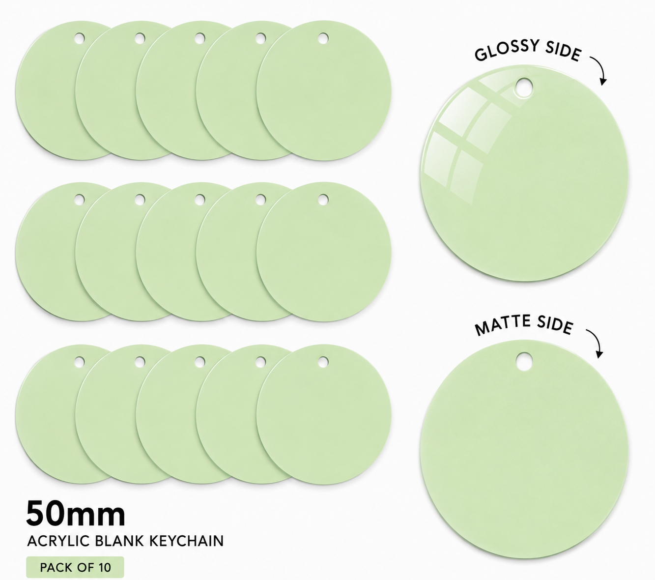Acrylic Keychain Blanks - Round 50mm (pack of 10) - TEA GREEN